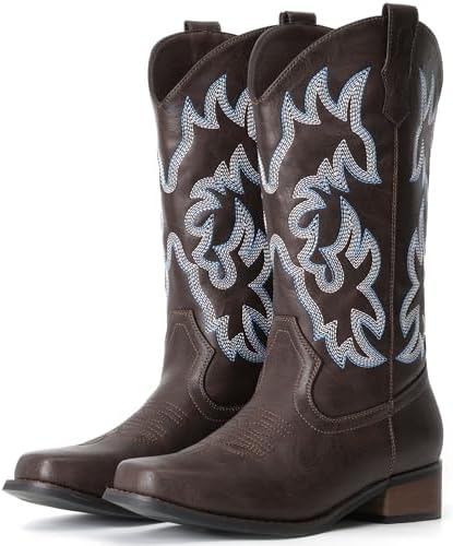 Cowboy Boots For Women Square Toe Wide Suede Western Mid Calf