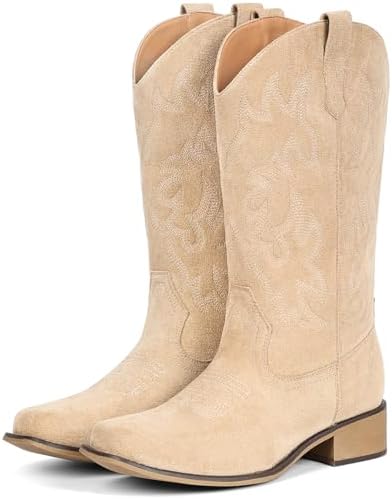 Cowboy Boots For Women Square Toe Wide Suede Western Mid Calf
