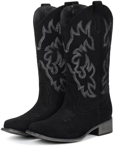 Cowboy Boots For Women Square Toe Wide Suede Western Mid Calf