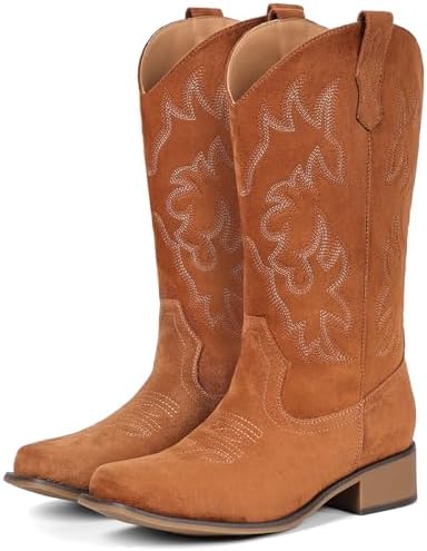 Cowboy Boots For Women Square Toe Wide Suede Western Mid Calf