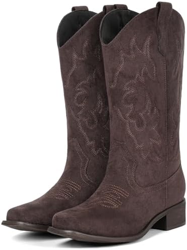 Cowboy Boots For Women Square Toe Wide Suede Western Mid Calf