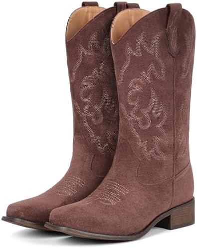 Cowboy Boots For Women Square Toe Wide Suede Western Mid Calf