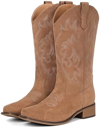 Cowboy Boots For Women Square Toe Wide Suede Western Mid Calf