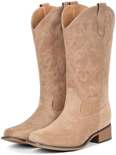 Cowboy Boots For Women Square Toe Wide Suede Western Mid Calf