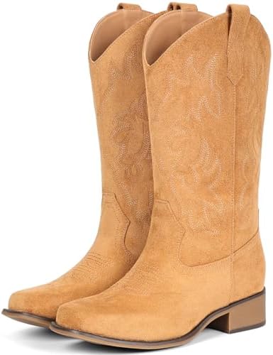 Cowboy Boots For Women Square Toe Wide Suede Western Mid Calf