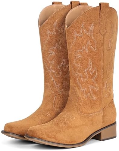 Cowboy Boots For Women Square Toe Wide Suede Western Mid Calf