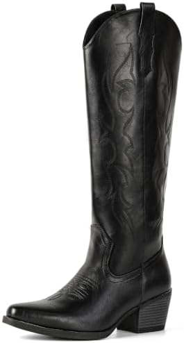 Knee High Cowboy Boots for Women-Wide Calf Embroidered Cowgirl