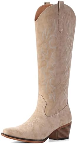 Knee High Cowboy Boots for Women-Wide Calf Embroidered Cowgirl