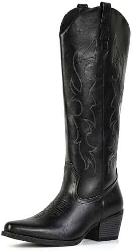 Knee High Cowboy Boots for Women-Wide Calf Embroidered Cowgirl