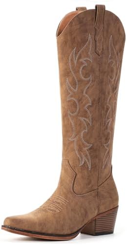 Knee High Cowboy Boots for Women-Wide Calf Embroidered Cowgirl