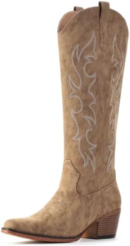 Knee High Cowboy Boots for Women-Wide Calf Embroidered Cowgirl