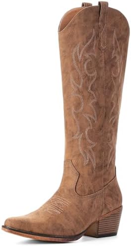 Knee High Cowboy Boots for Women-Wide Calf Embroidered Cowgirl