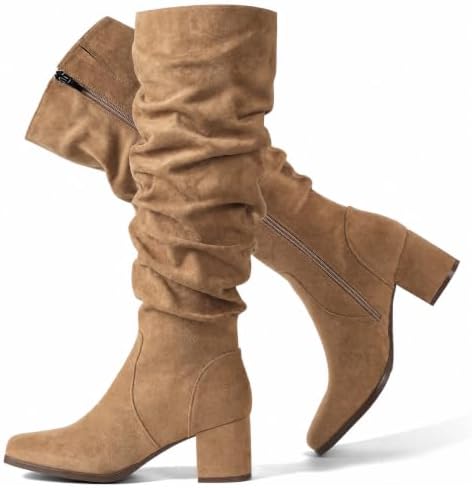Square Toe Slouchy Knee High Boots Women Suede Chunky Heel Fall