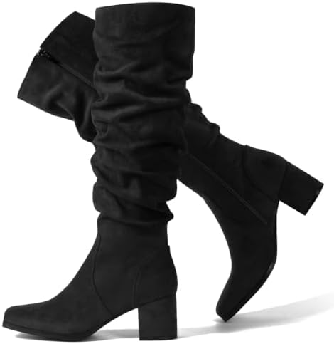 Square Toe Slouchy Knee High Boots Women Suede Chunky Heel Fall