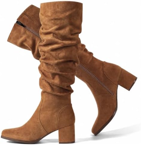 Square Toe Slouchy Knee High Boots Women Suede Chunky Heel Fall