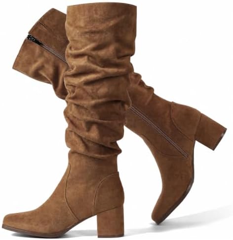 Square Toe Slouchy Knee High Boots Women Suede Chunky Heel Fall