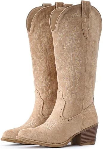 Suede Cowboy Boots For Women Chunky Heel Pointed Toe Cowgirl Boots