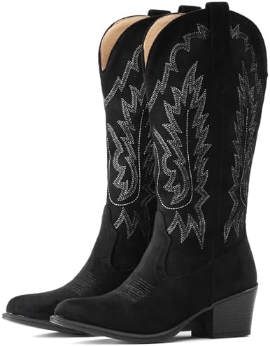Suede Cowboy Boots For Women Chunky Heel Pointed Toe Cowgirl Boots