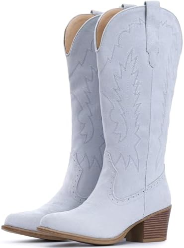 Suede Cowboy Boots For Women Chunky Heel Pointed Toe Cowgirl Boots