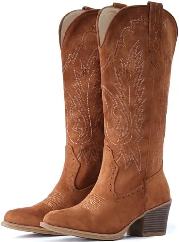 Suede Cowboy Boots For Women Chunky Heel Pointed Toe Cowgirl Boots
