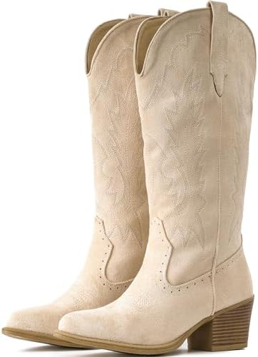 Suede Cowboy Boots For Women Chunky Heel Pointed Toe Cowgirl Boots