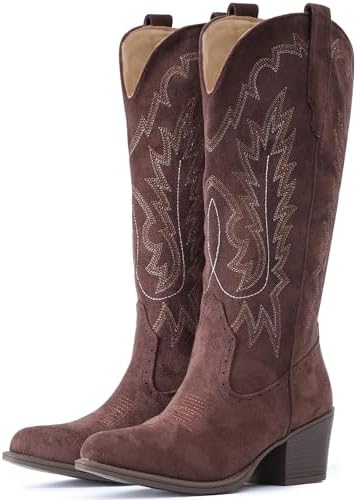 Suede Cowboy Boots For Women Chunky Heel Pointed Toe Cowgirl Boots