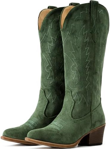 Suede Cowboy Boots For Women Chunky Heel Pointed Toe Cowgirl