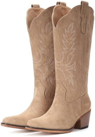 Suede Cowboy Boots for Women Mid Calf Western Cowgirl Boots