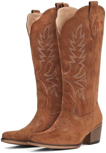 Suede Cowboy Boots for Women Mid Calf Western Cowgirl Boots