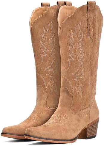 Suede Cowboy Boots for Women Mid Calf Western Cowgirl Boots