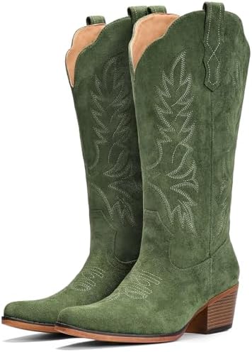 Suede Cowboy Boots for Women Mid Calf Western Cowgirl Boots