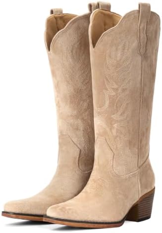 Suede Cowboy Boots for Women Mid Calf Western Cowgirl Boots