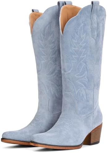 Suede Cowboy Boots for Women Mid Calf Western Cowgirl Boots, Retro