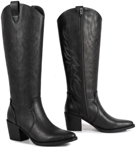 Women’s Cowboy Knee High Boots, Chunky Heel Wide Calf with Zipper