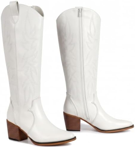 Women’s Cowboy Knee High Boots, Chunky Heel Wide Calf with Zipper